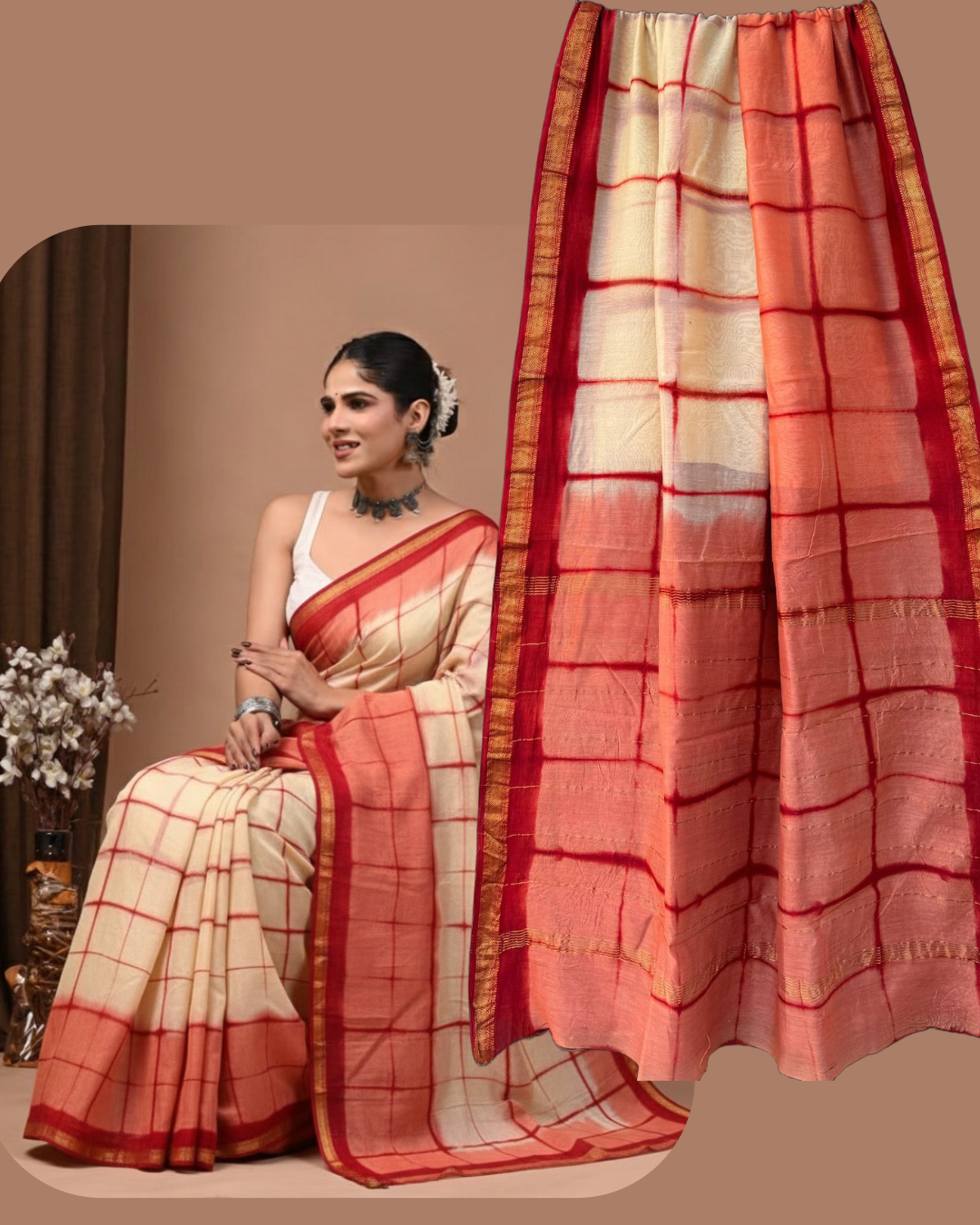 Handwoven Maheshwari Silk-Cotton Saree
Crafted in Maheshwar • Fall & Pico Done
Stitched Blouse Included • Blouse Stitching $30