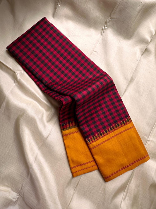Paavai – Arakku Red & Brown Pattani Kattam Kanchipuram Pure Silk Saree with Mustard Border & Pillayar Moggu Motifs