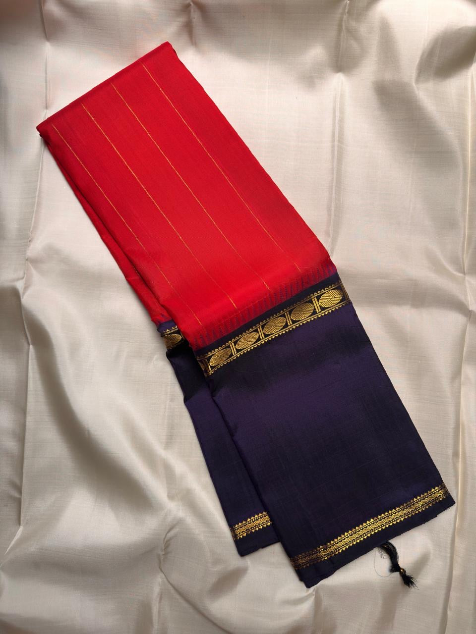 Classic red and deep indigo handwoven Kanjivaram silk saree