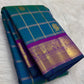 Peacock Blue pure silk Kanchipuram saree, Zari Kattam weave with Purple border — full drape view
