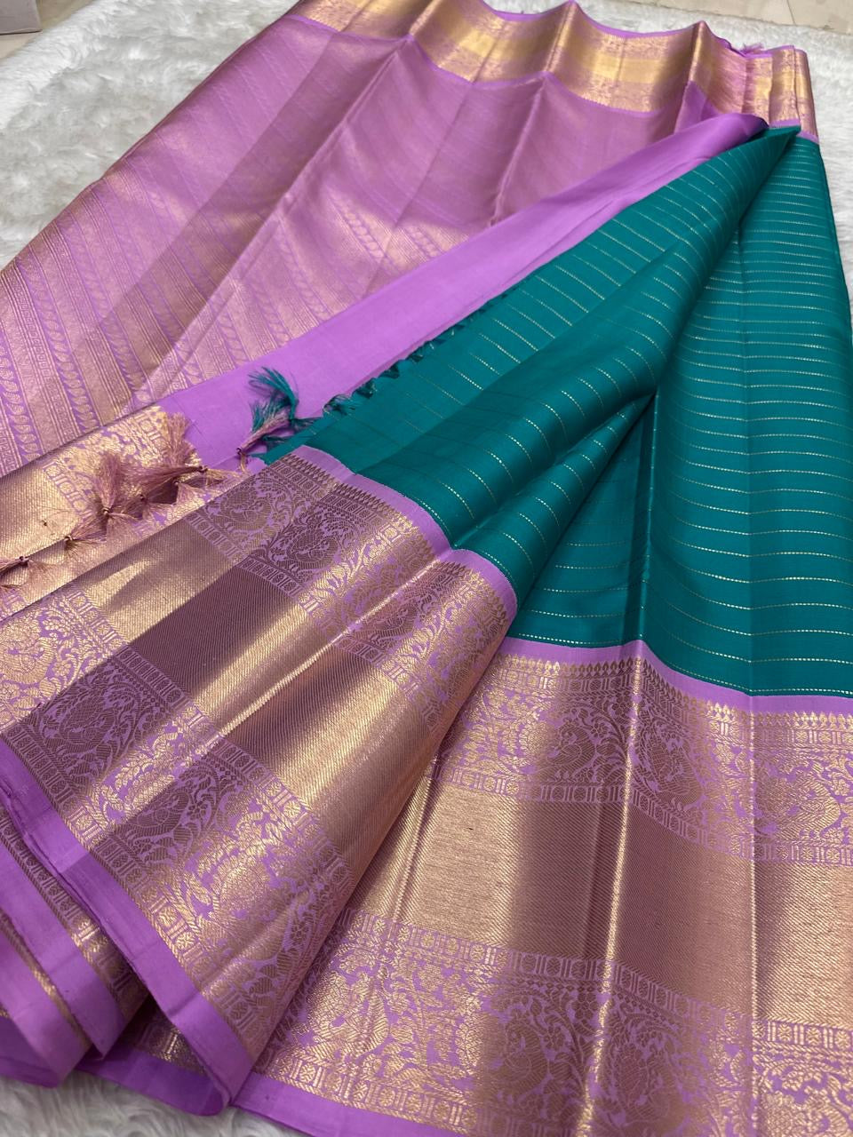 Peacock Teal Handwoven Pure Silk Kancheepuram Saree with Korvai Weave and Royal Purple Zari Border