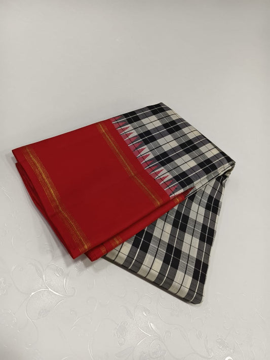 Pure silk white black woven checks  with tomato red pillayar moggu border and seer Pallu
