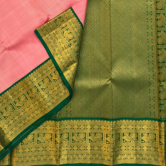 Coral Peach Pink and Emerald Green Handwoven Pure Silk Kanchipuram Saree with Korvai Border