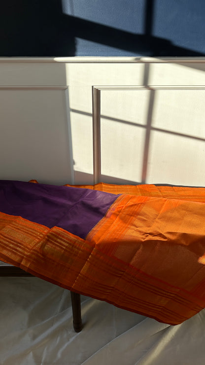 Pure silk Kanchipuram - silk mark - grape purple and tangerine orange