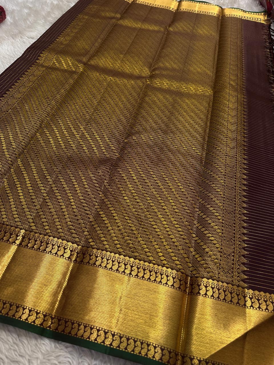 deep coffee brown checked pleats with gold zari woven border detail pure kanchipuram silk saree