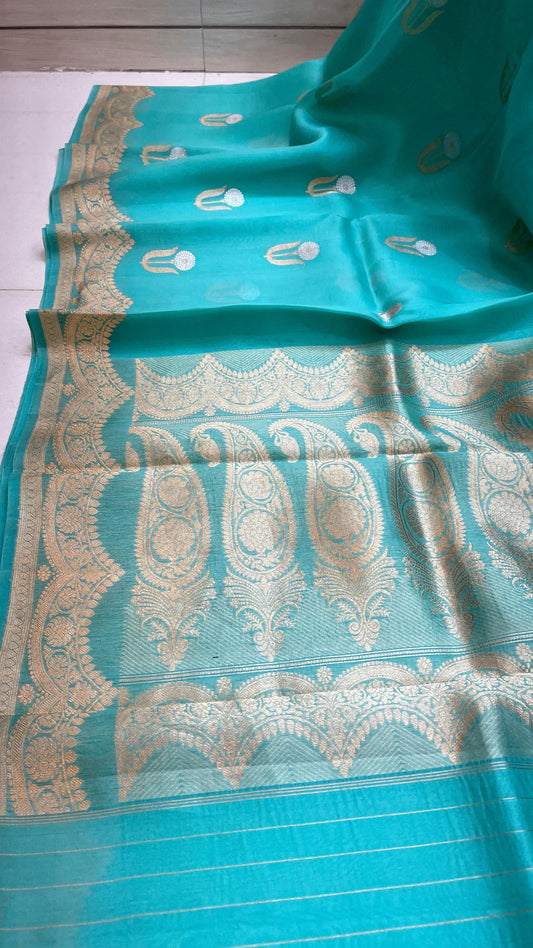 Pure ektara kora silk handloom Banarasi with kadhua sona roopa Bootas and border - blue