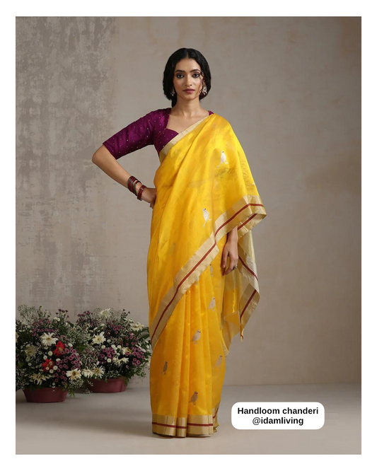 Chidiyaa 🌼✨
Pure Silk Chanderi Handloom Yellow Saree
Red Mina & Zari Buttas All Over
Contrasting Selvedge & Luxurious Zari Pallu
Handwoven by Ashok Nagar Weavers, Madhya Pradesh