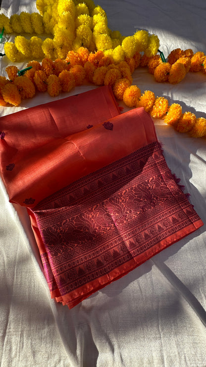 Kanchipuram pure silk no zari peach and purple - silk mark -