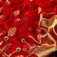 Vermillion red Chanderi silk saree with ornamental multicolour border, gold motifs and metallic pallu
