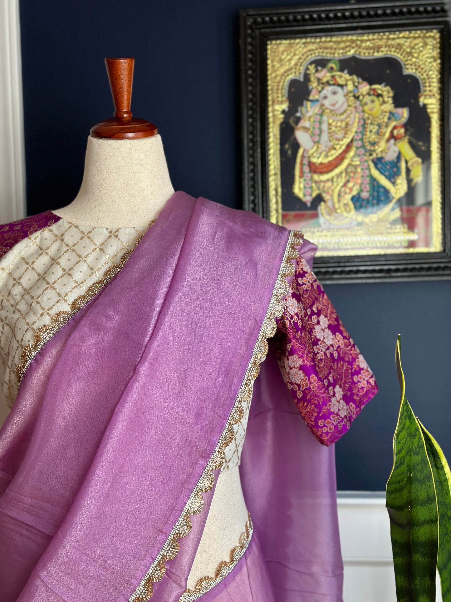 Pure banarasi silk blouse with pure tissue silk  saree - Cream and Lavender ( Rita series )