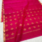 A timeless classic, this Rani pink Chanderi silk saree is a celebration of heritage and elegance. Crafted from lightweight silk with a luxurious sheen, the saree features all-over gold zari floral leafy buttas
