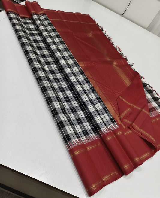 Pure silk white black woven checks  with tomato red pillayar moggu border and seer Pallu