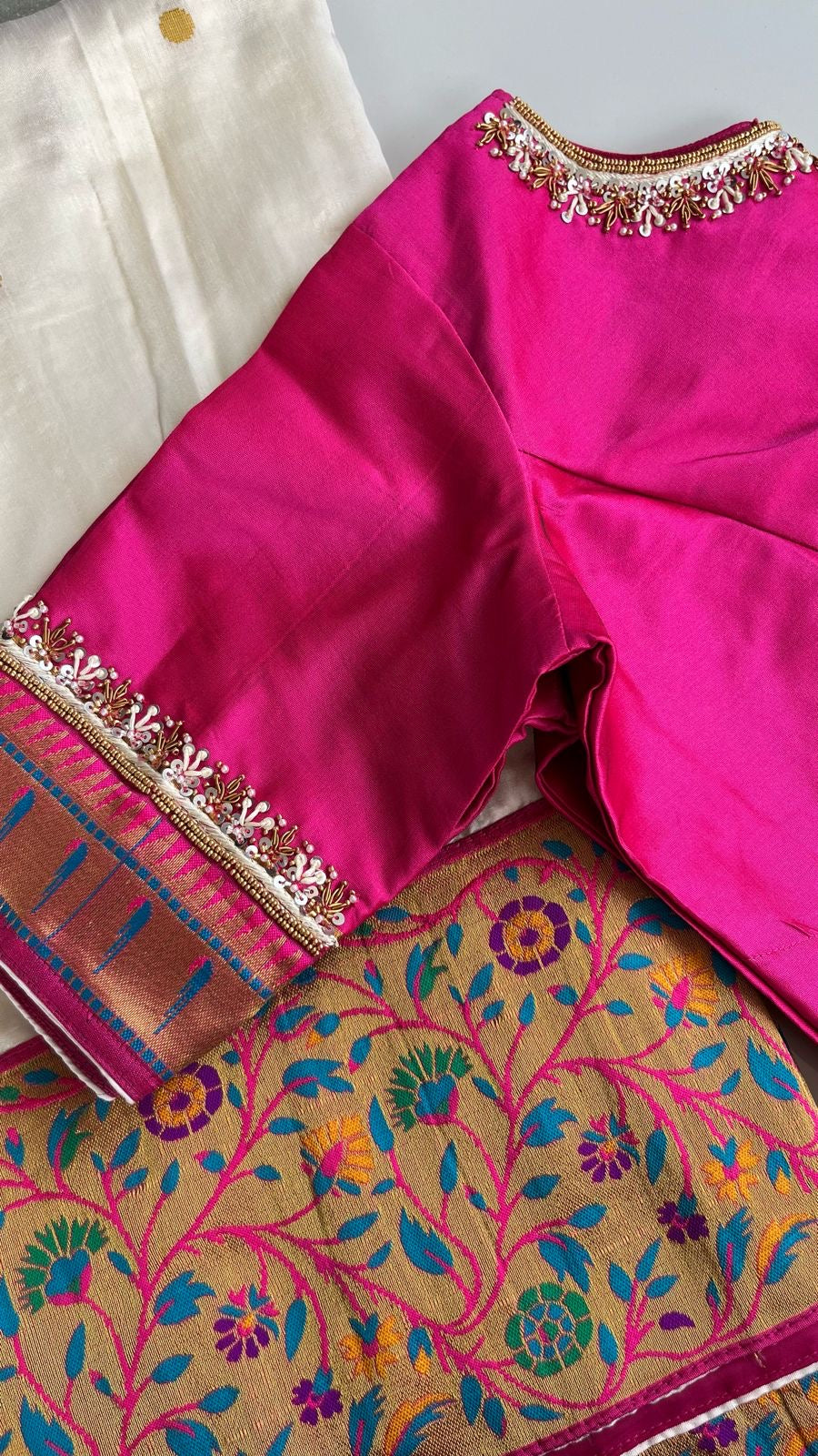 Paithani soft silk saree and embroidered blouse - Cream and Pink