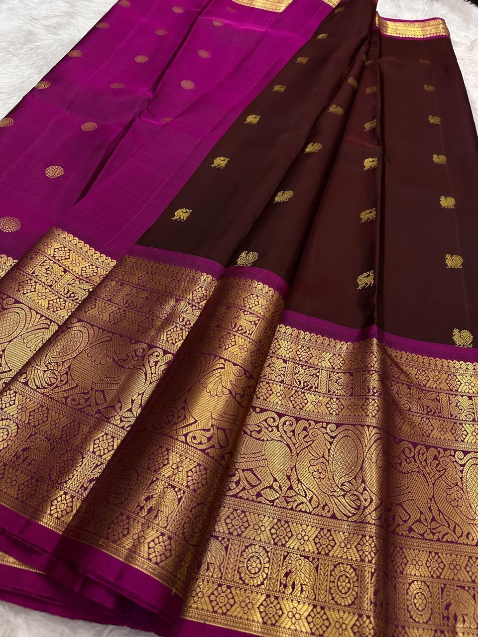 Pure silk Kanchivaram Butta saree with majestic Yazhi guardian motifs woven in antique gold zari