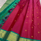 A Very unusual raspberry pink and teal vairaoosi pure silk Kanchipuram Mayil and coin zari buttas all over the boat on top of the zari stripes ! Detailed mayil paisley chakram grid pattern on Pallu 💕