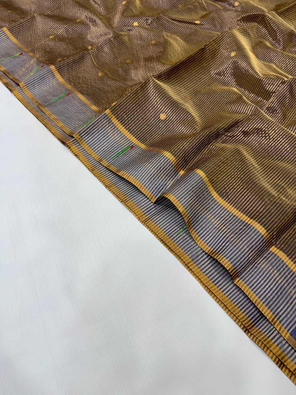 Antique Gold and Slate Blue Striped Pattu Silk Chanderi Saree, folded view showing body, border and pallu