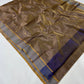 Antique Gold and Slate Blue Striped Pattu Silk Chanderi Saree, pallu and weave detail