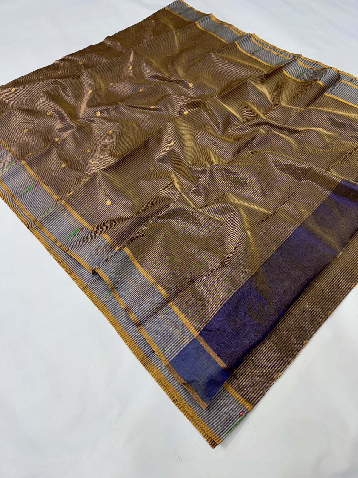 Antique Gold and Slate Blue Striped Pattu Silk Chanderi Saree, pallu and weave detail