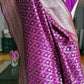 Luxurious deep purple silk Katan Banarasi, exquisitely soft and lightweight.
All-over jaal work in stunning sona roopa (gold & silver)for timeless elegance.
Handwoven Raw Mango–style by certified Banarasi weaver family from Azamgarh.
Ready to ship from NJ