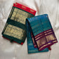 Saree combo photo featuring red-green elephant border saree alongside a blue-purple silk saree