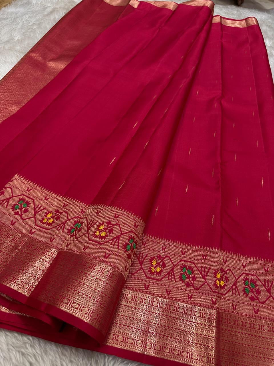 Vibha Tomato deep pink Red  - A Deep Plum Pure Kanchipuram Silk Saree Blending the Grandeur of South Indian Weaving with Paithani-Inspired Floral Zari Borders and a Lustrous Rose Gold zari Pallu