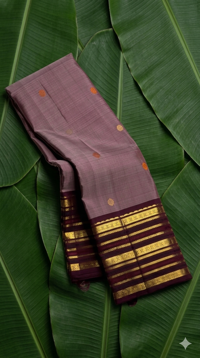 Full view of dusty mauve handwoven Kanchipuram silk saree with silk thread butta and plum varisaipet border — Idam Living