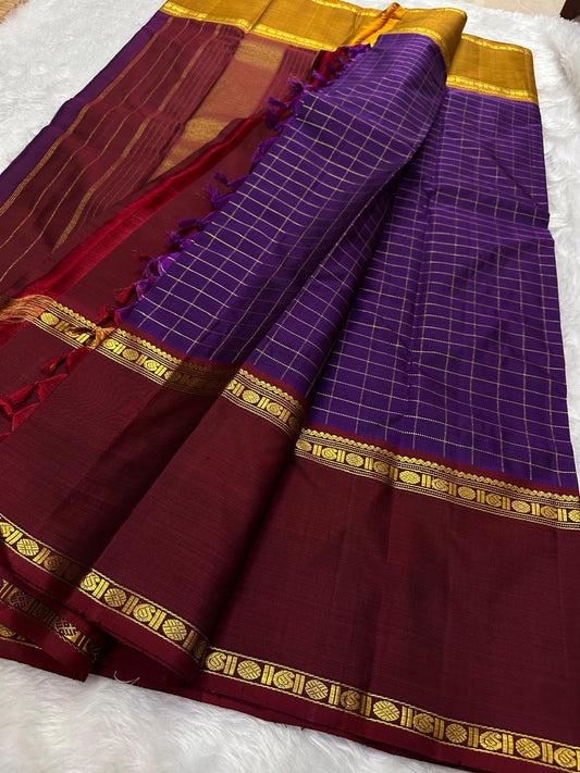 Pure silk kanchipuram saree green kattam checks with rettapet maroon  border ganga jamuna zari kattam