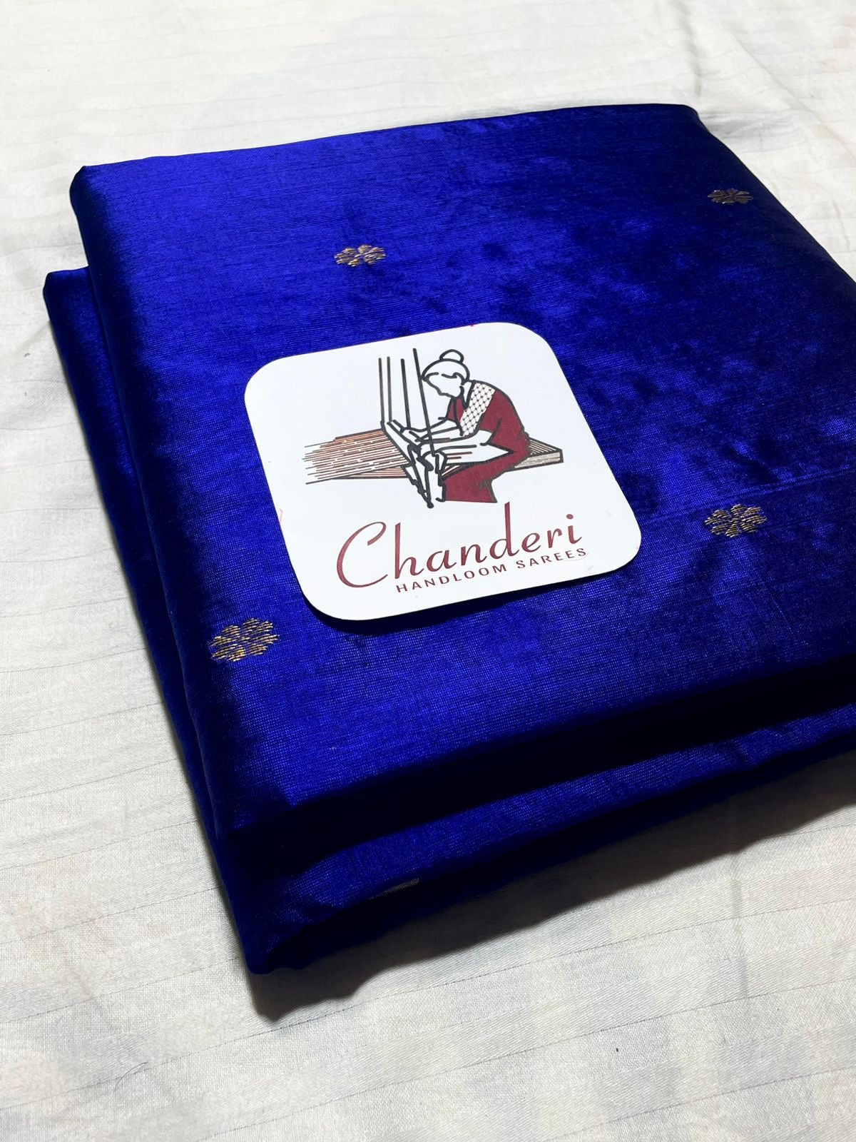 Pure tissue silk handloom chanderi ink blue  with zari butta all over