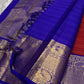 Raaga – Red and Blue Pure Kanchipuram Silk Saree with Gold Zari Border
Features a striped red body with small gold buttas and a royal blue pallu.
Finished with intricately woven peacock motifs in pure zari across the border.
