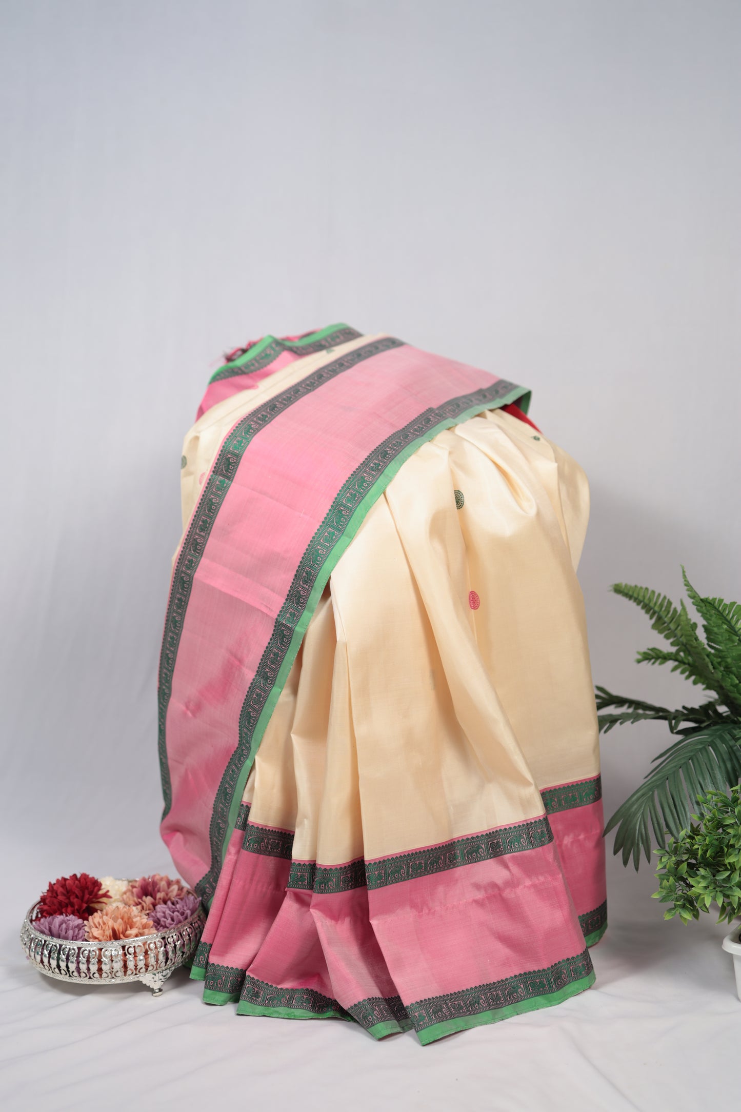 Ivory & Lotus Pink No-Zari Kanchipuram Silk Saree