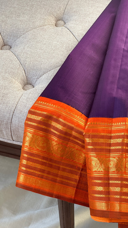 Pure silk Kanchipuram - silk mark - grape purple and tangerine orange