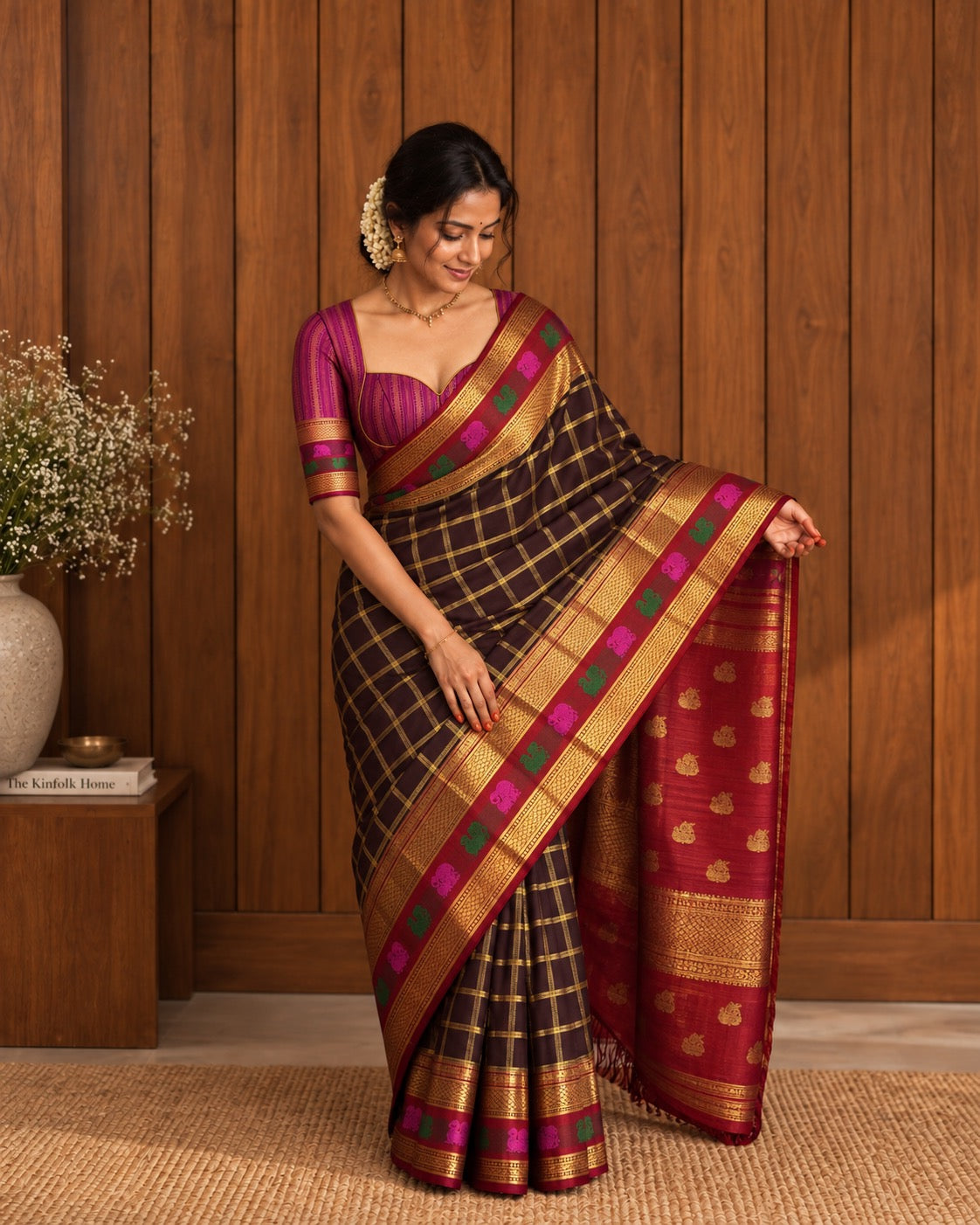 Paaku Brown Pure Silk Kanchipuram Zari Kattam Saree with Arakku Yaanai Gold Zari Border