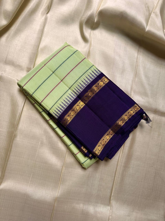 Cardamom veldhari Stripes – Pure Silk Kanchipuram Saree
Refreshing Cardamom Green Body with Stripes 🌿
Deep Purple Contrast Border in Rich Zari Weave ✨
Temple Motif Edging & Grand Lattice Pallu
Silk Mark Certified | ships two weeks