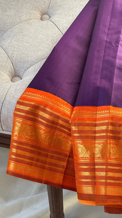 Pure silk Kanchipuram - silk mark - grape purple and tangerine orange