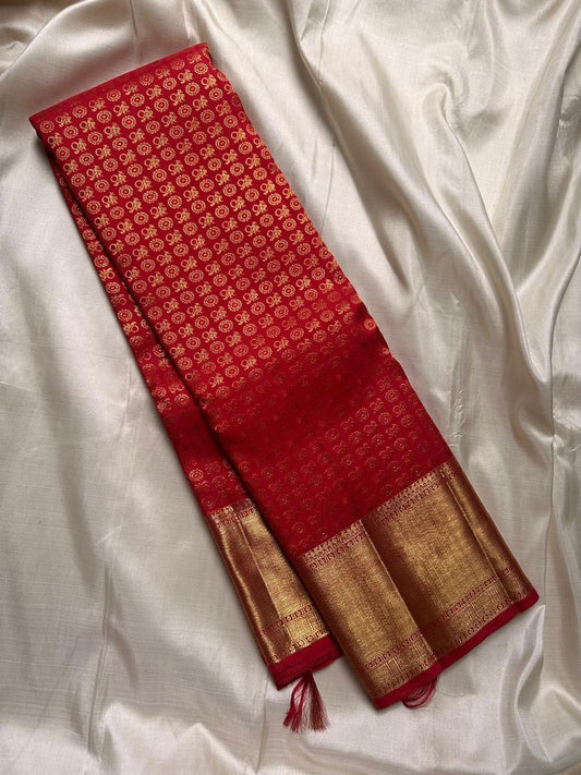 Tara – Red Kanchipuram Pure Silk Saree ✨
Woven with Pure 3G Zari buttas Throughout
Deep Roja-Red Body with Golden Zari Buttas
Broad 3G Zari Border with Traditional Weave
Silk Mark Certified | Free USA Shipping