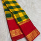 Green and Yellow pure silk Kanjipuram saree, Kanchi Kattam weave with Pillar-Box Red border — blouse piece detail