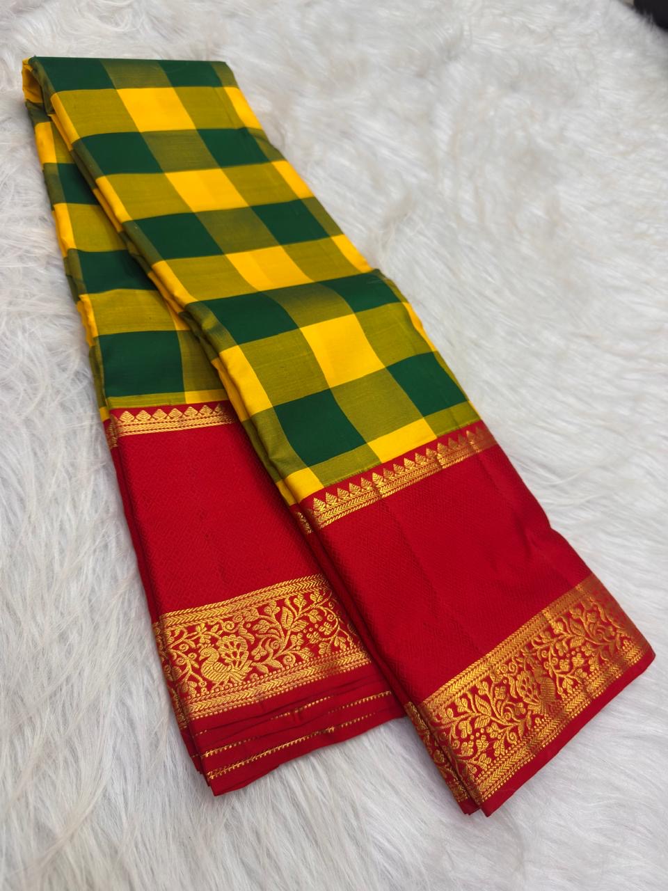Green and Yellow pure silk Kanjipuram saree, Kanchi Kattam weave with Pillar-Box Red border — blouse piece detail