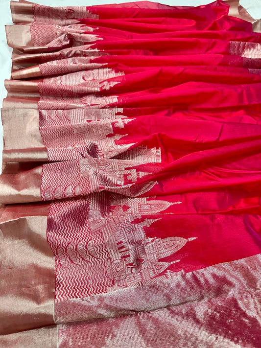 Pure silk chanderi in red and gold with banares varanasi ghat zari woven motif