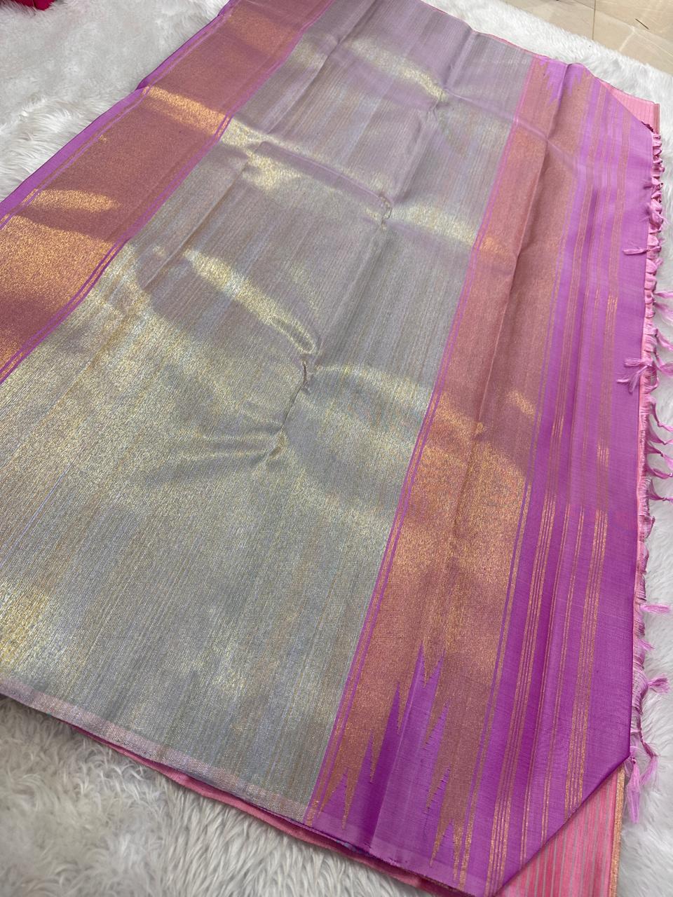 Blush pink  silk - pure silk Kanchipuram saree with gold and silver lightning motif purple and silver Pallu in a base of pink vairaoosi 💕truly special saree
