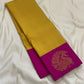Kanakambari — Pure Kanchipuram Silk Saree (Haldi Yellow × Rani Magenta)
Vibrant haldi-yellow micro-checked body with antique zari peacock motifs on korvai magenta borders
Silk Mark Certified • Fall & Pico Done • Blouse Stitching Available ($30) • Free Shi