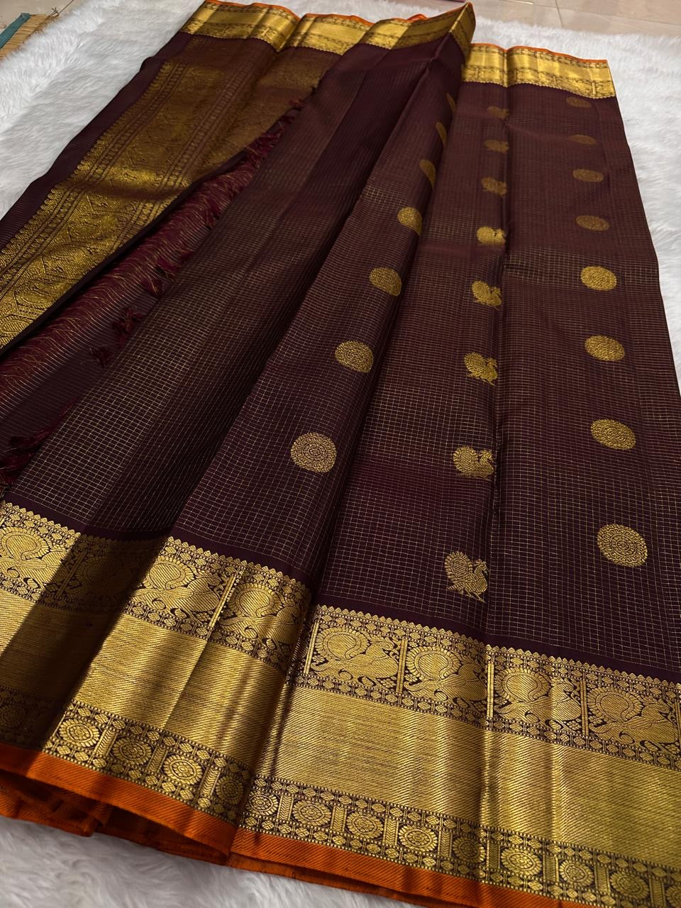 Pure Kanchipuram silk saree featuring Zari Kattam weave and rich gold zari pallu