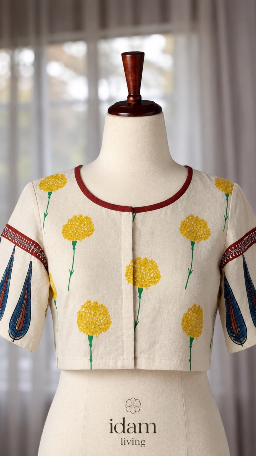Pure cotton patchwork saree blouse with handblock printed floral motifs and contrast piping