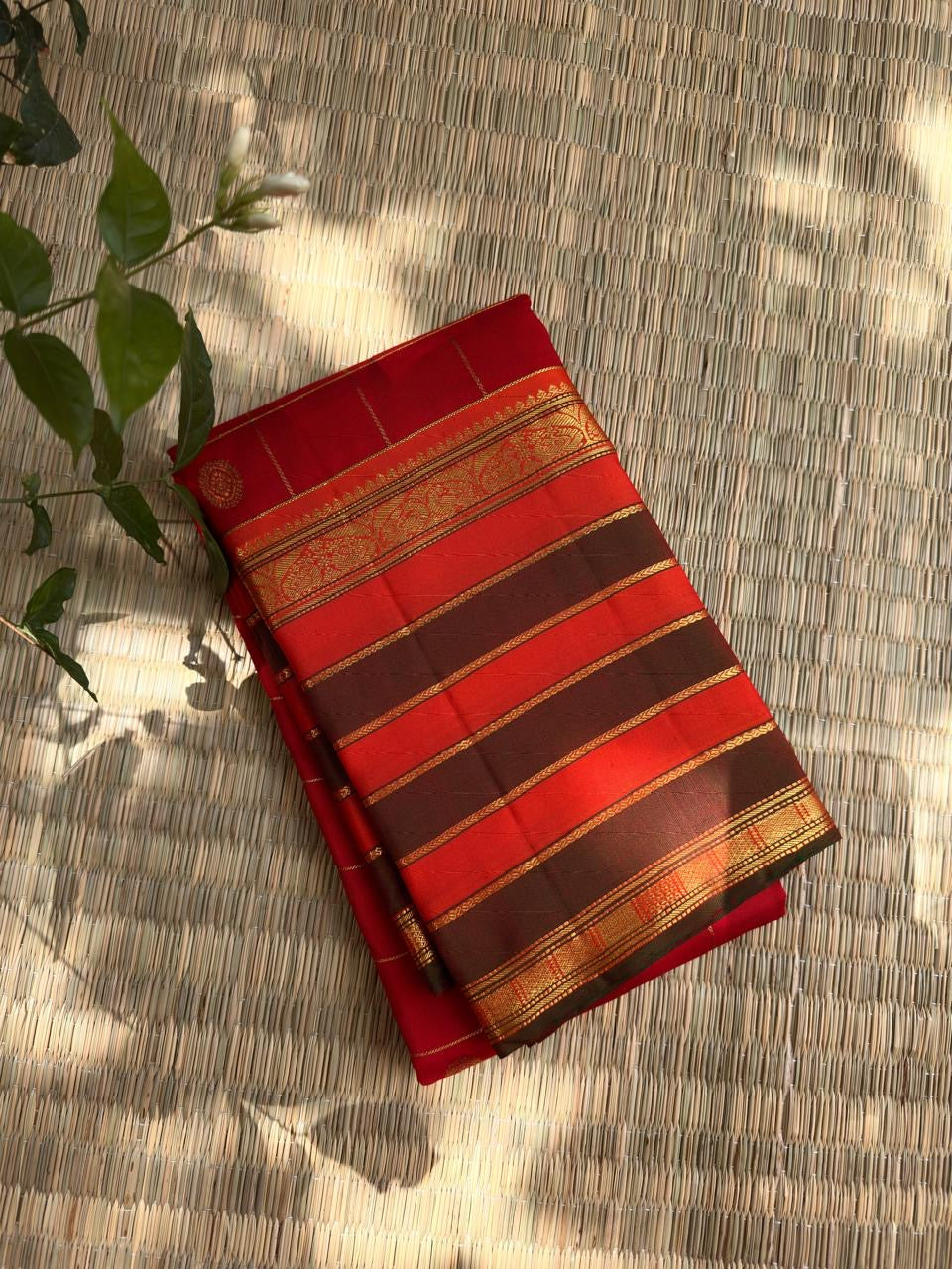 Pillar-Box Red pure silk Kanchipuram saree, Varisaipet weave with Deep Brown border — border detail