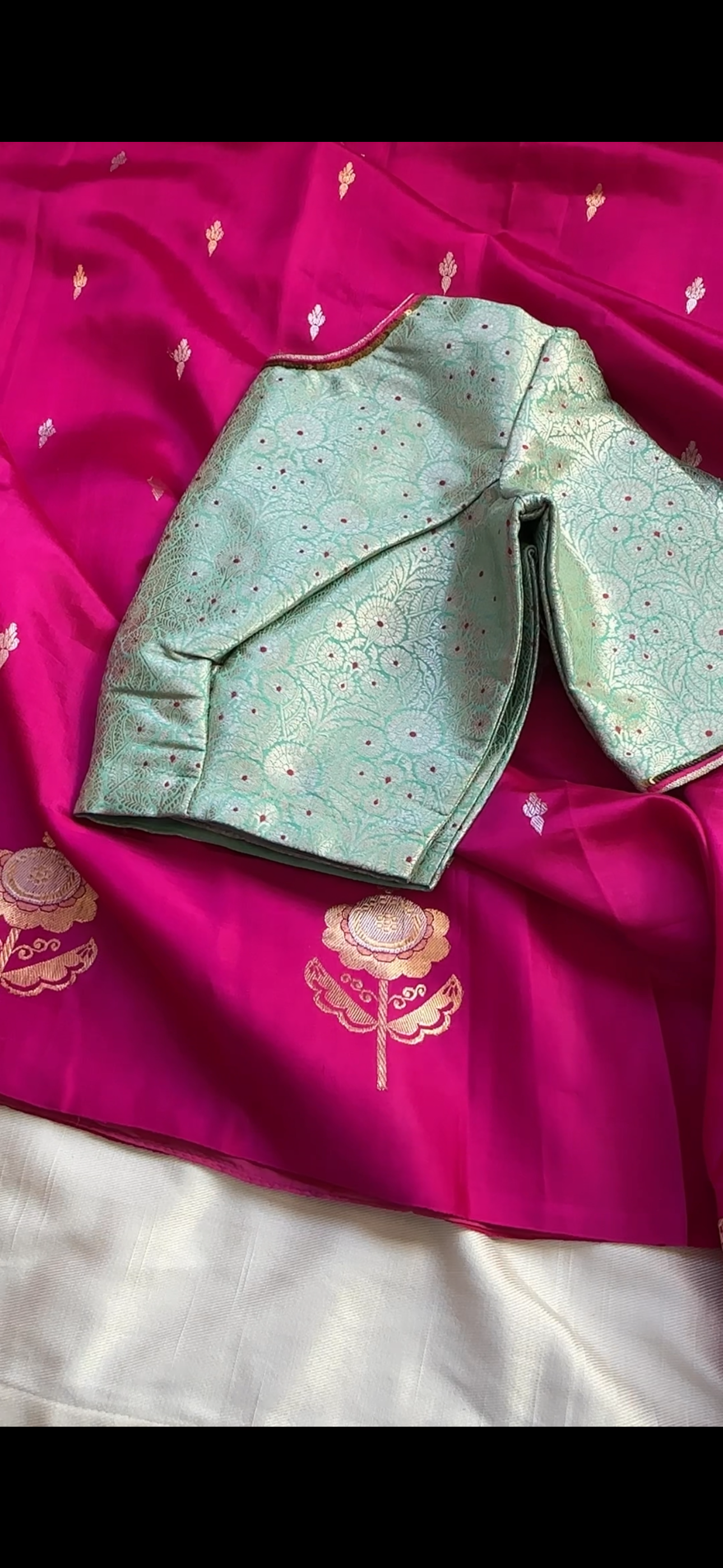 Pale green pink butta banarasi meenakari blouse in pure silk with embroidered sleeves