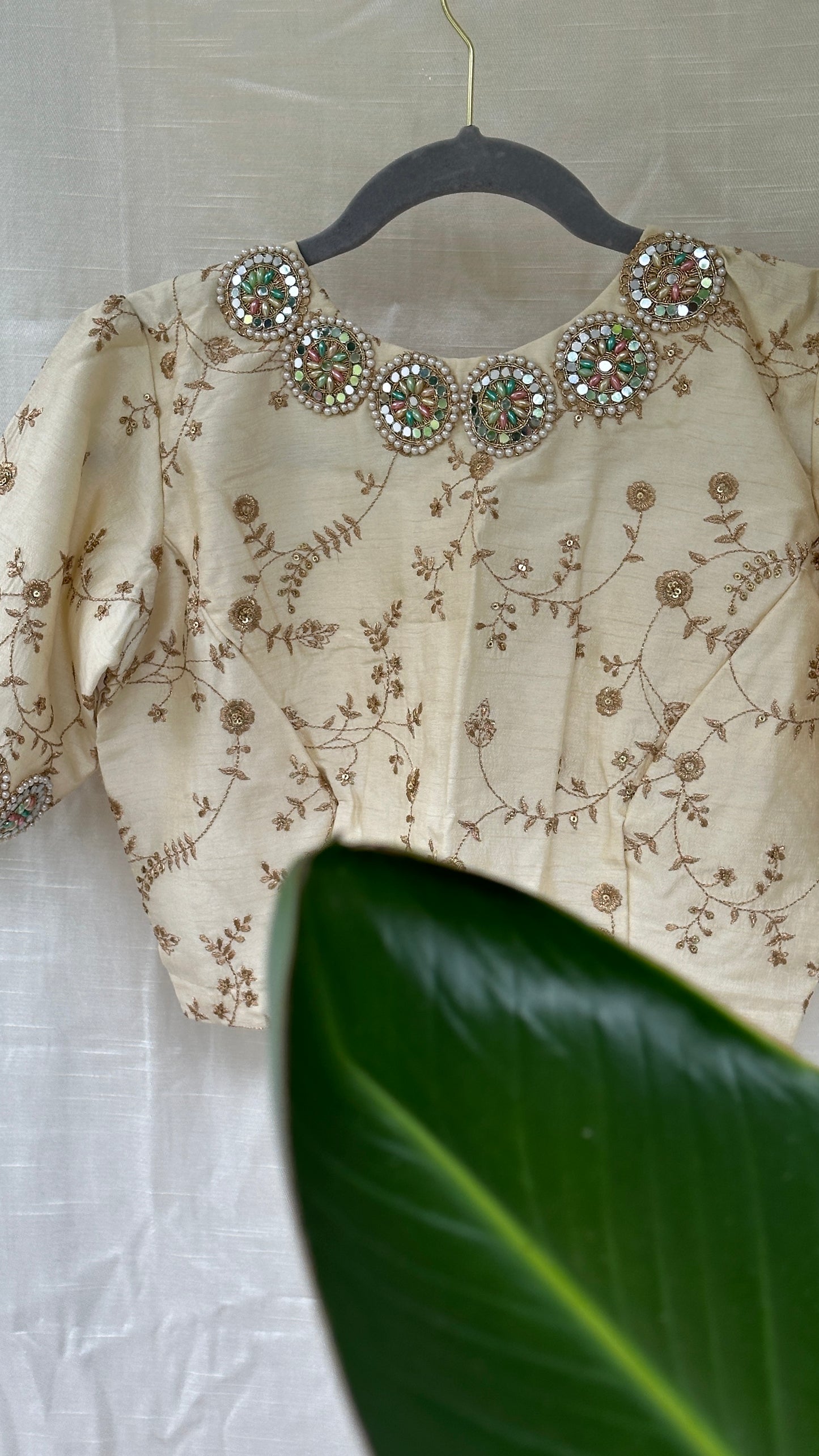 Gold embroidery blouse - all over embroidery with circle scallop pear and mirror work