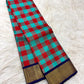 Turquoise and vermilion red checked body with indigo-gold border | Kanjivaram pure silk saree.