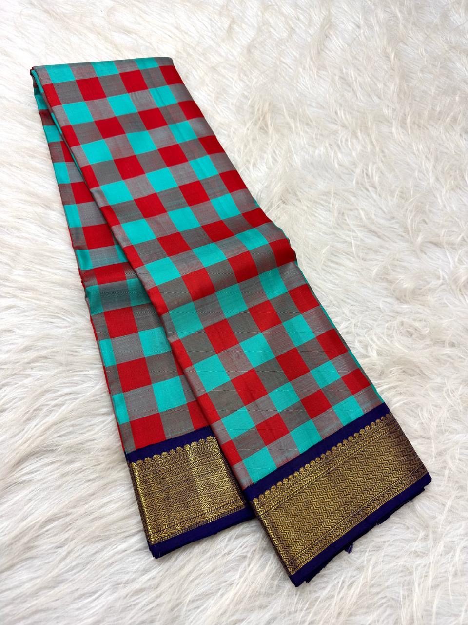 Turquoise and vermilion red checked body with indigo-gold border | Kanjivaram pure silk saree.