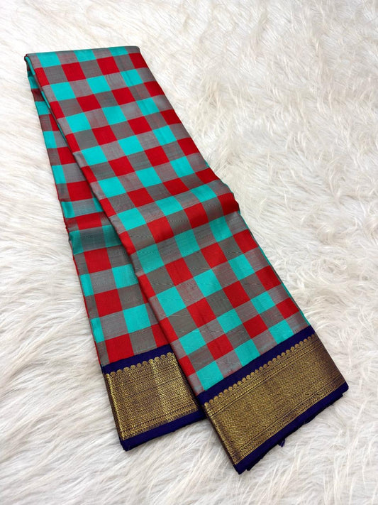 Turquoise and vermilion red checked body with indigo-gold border | Kanjivaram pure silk saree.