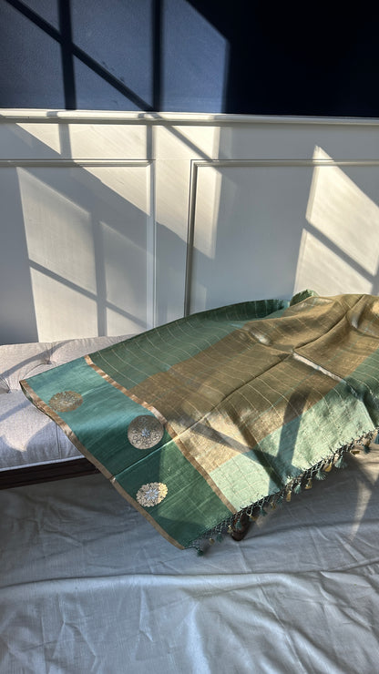 Pure silk kaduva Benares sarees “Raw mango” style - pastel green checked