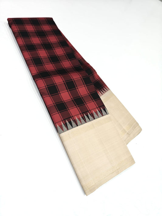 Kumkum Ivory Kattam
Pure Kanchipuram Silk Saree – Ivory Body with Red & Black Kattam Checks
Korvai Borders with Elegant Zari Detailing
Grand Zari Pallu with Subtle Gold Stripes
Silk Mark Certified ✅ | Fall & Pico Done ✅ | Blouse Stitching Available ($30)